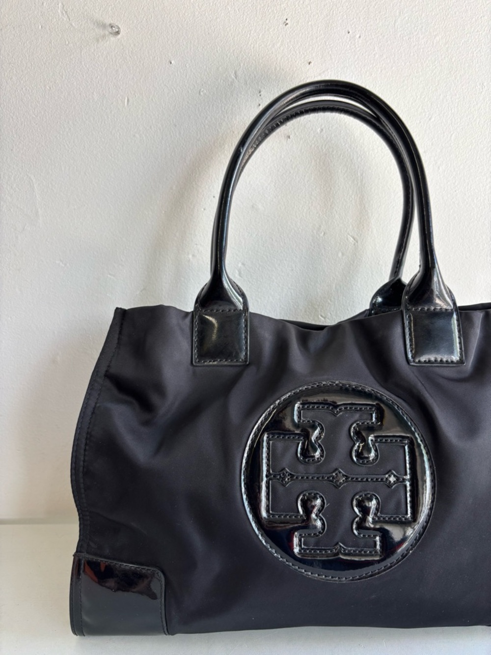 Tory Burch Ella black nylon Tote Bag with Patent Trim